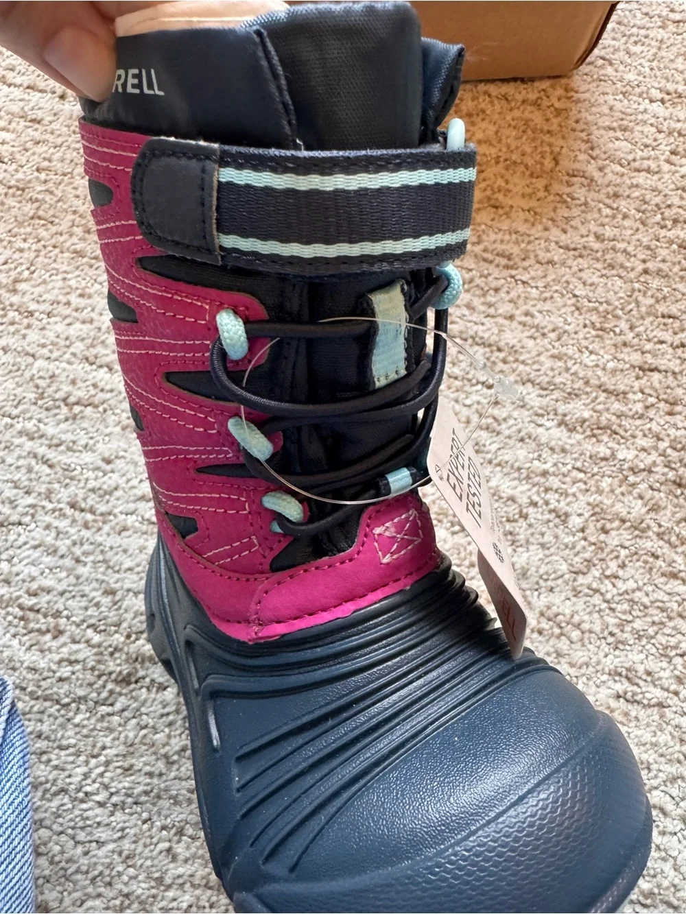 Merrell Kids Black and Pink Insulated Snow Boots with Hook-and-Loop Strap